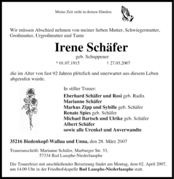 Traueranzeige von Irene Schäfer von Tageszeitung