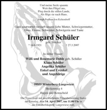 Traueranzeige von Irmgard Schüler von Tageszeitung