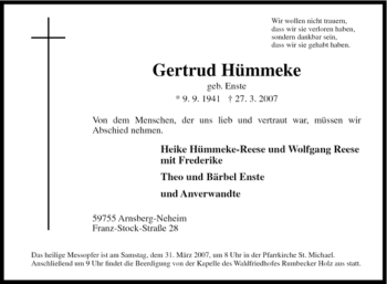 Traueranzeige von Gertrud Hümmeke von Tageszeitung