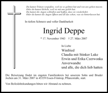 Traueranzeige von Ingrid Deppe von Tageszeitung