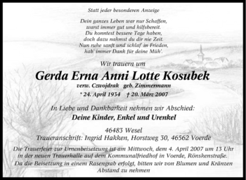 Traueranzeige von Gerda Erna Anni Lotte Kosubek von Tageszeitung