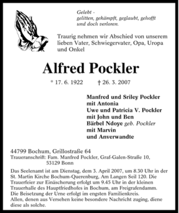 Traueranzeige von Alfred Pockler von Tageszeitung