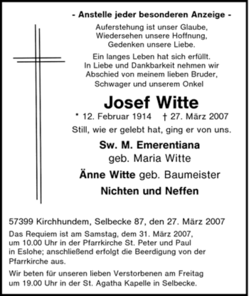 Traueranzeige von Josef Witte von Tageszeitung