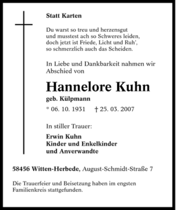 Traueranzeige von Hannelore Kuhn von Tageszeitung