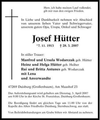 Traueranzeige von Josef Hütter von Tageszeitung