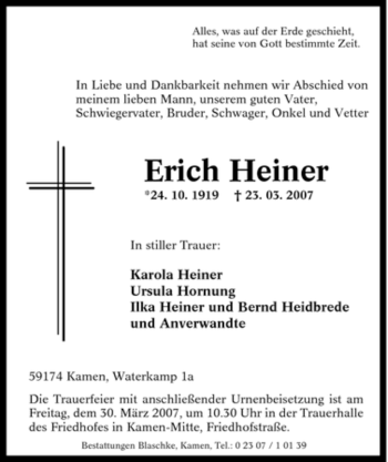 Traueranzeige von Erich Heiner von Tageszeitung