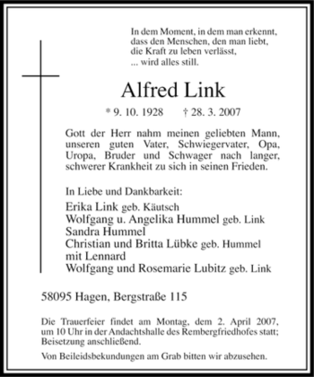 Traueranzeige von Alfred Link von Tageszeitung