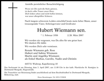 Traueranzeige von Hubert Wiemann von Tageszeitung