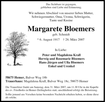 Traueranzeige von Margarete Bloemers von Tageszeitung
