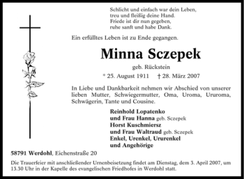 Traueranzeige von Minna Sczepek von Tageszeitung