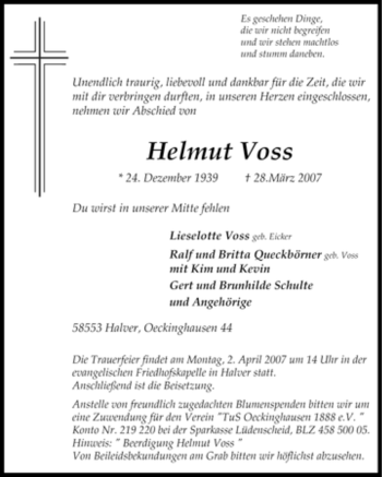 Traueranzeige von Helmut Voss von Tageszeitung