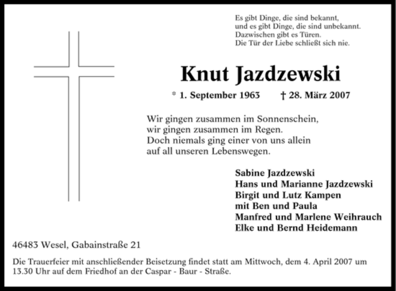  Traueranzeige für Knut Jazdzewski vom 30.03.2007 aus Tageszeitung