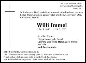 Traueranzeige von Willi Immel von Tageszeitung