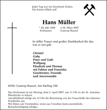 Traueranzeige von Hans Müller von Tageszeitung