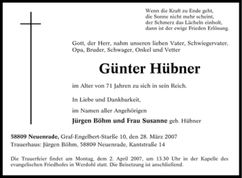 Traueranzeige von Günter Hübner von Tageszeitung