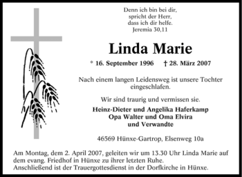 Traueranzeige von Linda Marie von Tageszeitung