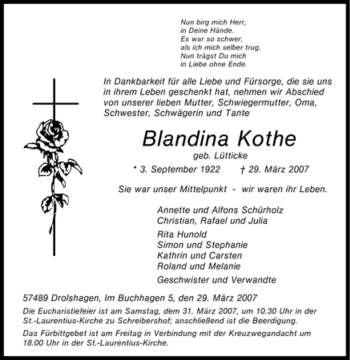 Traueranzeige von Blandina Kothe von Tageszeitung