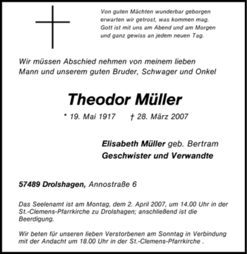 Traueranzeige von Theodor Müller von Tageszeitung
