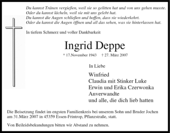 Traueranzeige von Ingrid Deppe von Tageszeitung