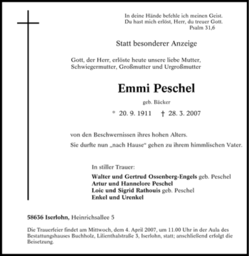 Traueranzeige von Emmi Peschel von Tageszeitung