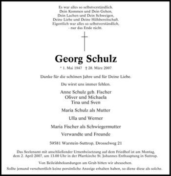 Traueranzeige von Georg Schulz von Tageszeitung
