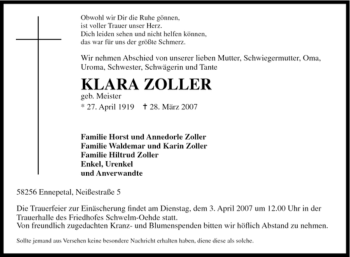 Traueranzeige von Klara Zoller von Tageszeitung