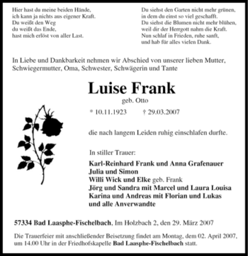 Traueranzeige von Luise Frank von Tageszeitung