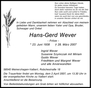 Traueranzeige von Hans-Gerd Wever von Tageszeitung