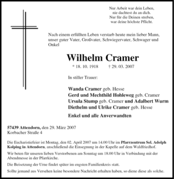 Traueranzeige von Wilhelm Cramer von Tageszeitung