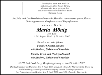 Traueranzeige von Maria Mönig von Tageszeitung
