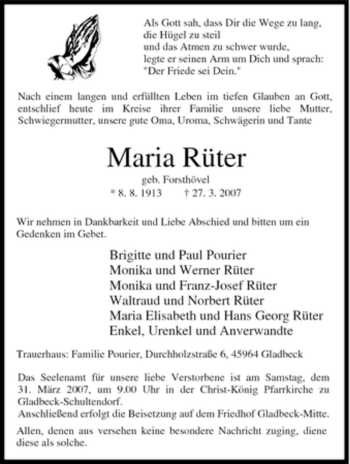 Traueranzeige von Maria Rüter von Tageszeitung