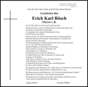 Traueranzeige von Erich Karl Rösch von Tageszeitung