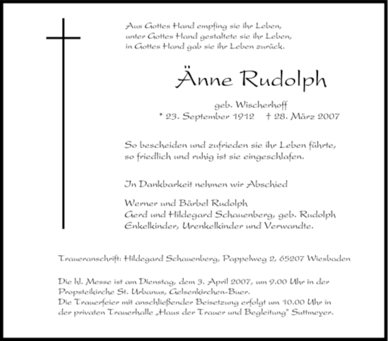  Traueranzeige für Änne Rudolph vom 30.03.2007 aus Tageszeitung