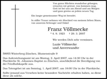 Traueranzeige von Franz Völlmecke von Tageszeitung
