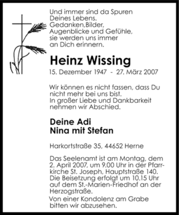 Traueranzeige von Heinz Wissing von Tageszeitung
