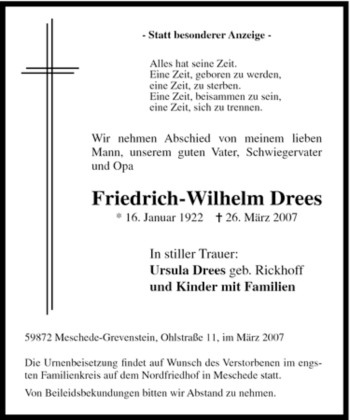 Traueranzeige von Friedrich-Wilhelm Drees von Tageszeitung