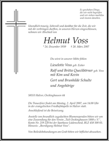 Traueranzeige von Helmut Voss von Tageszeitung