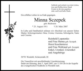 Traueranzeige von Minna Sczepek von Tageszeitung