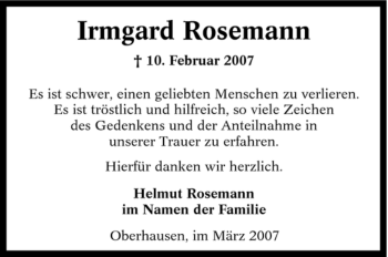 Traueranzeige von Irmgard Rosemann von Tageszeitung