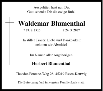 Traueranzeige von Waldemar Blumenthal von Tageszeitung