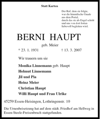 Traueranzeige von Berni Haupt von Tageszeitung