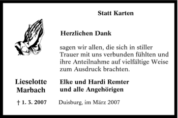 Traueranzeige von Lieselotte Marbach von Tageszeitung