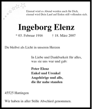 Traueranzeige von Ingeborg Elenz von Tageszeitung