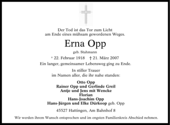 Traueranzeige von Erna Opp von Tageszeitung