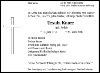 Traueranzeige von Ursula Knorr von Tageszeitung
