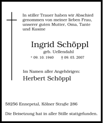 Traueranzeige von Ingrid Schöppl von Tageszeitung