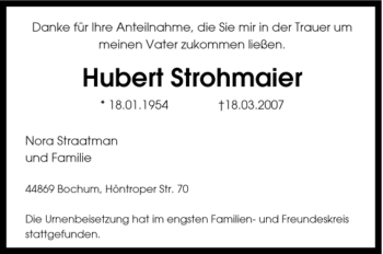 Traueranzeige von Hubert Strohmaier von Tageszeitung