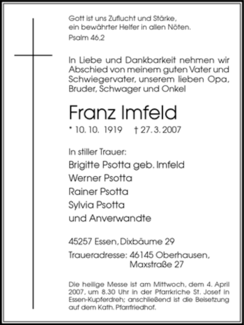 Traueranzeige von Franz Imfeld von Tageszeitung