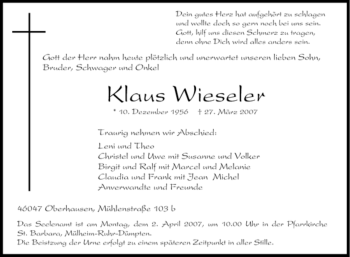 Traueranzeige von Klaus Wieseler von Tageszeitung