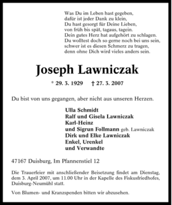 Traueranzeige von Joseph Lawniczak von Tageszeitung
